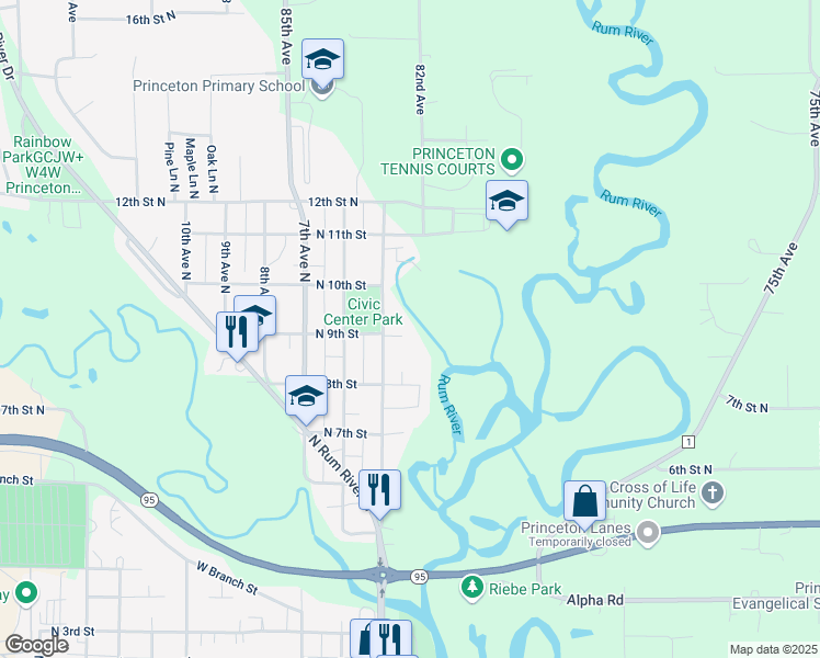 map of restaurants, bars, coffee shops, grocery stores, and more near 403 North 9th Street in Princeton