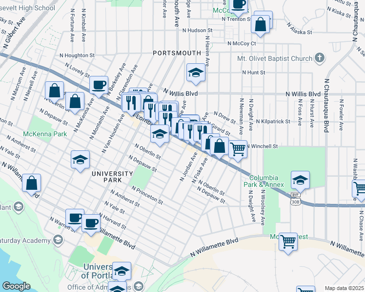 map of restaurants, bars, coffee shops, grocery stores, and more near 7459 North Haven Avenue in Portland