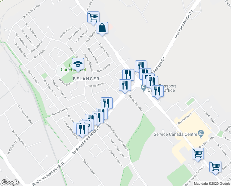 map of restaurants, bars, coffee shops, grocery stores, and more near 1730 Rue de Madère in Laval