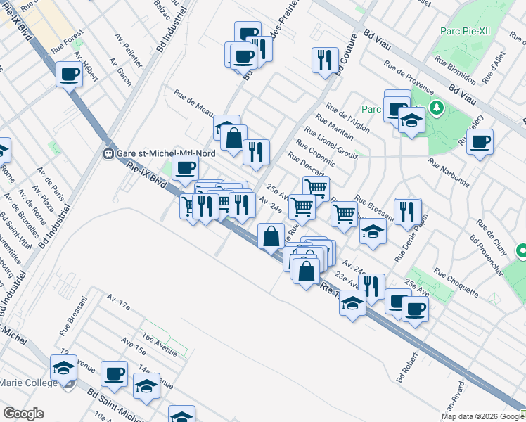 map of restaurants, bars, coffee shops, grocery stores, and more near 4180 46e Rue in Montréal