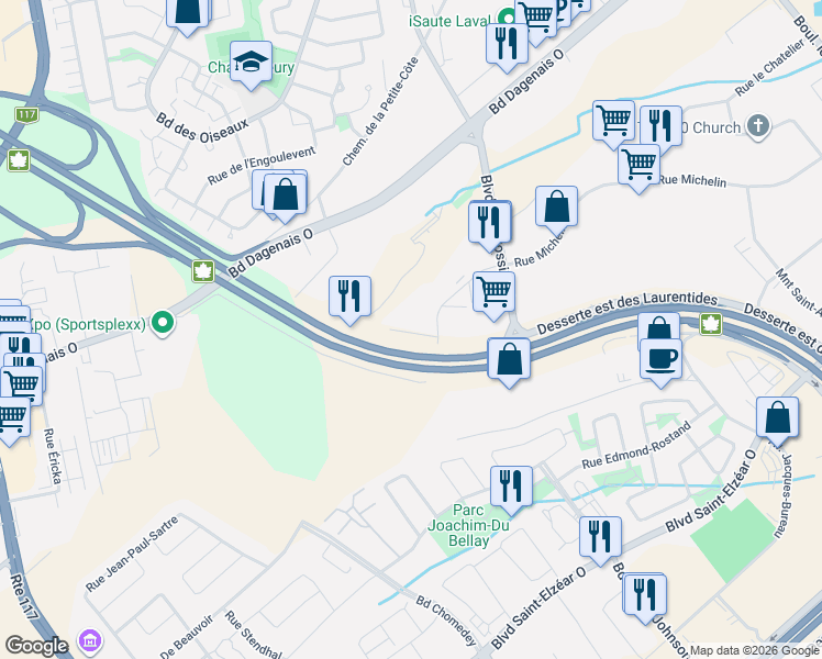map of restaurants, bars, coffee shops, grocery stores, and more near 4305 Autoroute des Laurentides in Laval