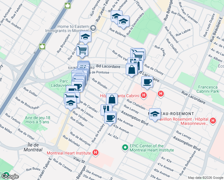 map of restaurants, bars, coffee shops, grocery stores, and more near 5622 Rue des Becquets in Montréal