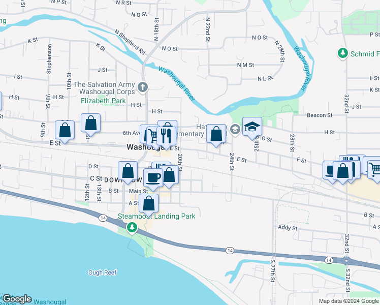 map of restaurants, bars, coffee shops, grocery stores, and more near 2038 E Street in Washougal