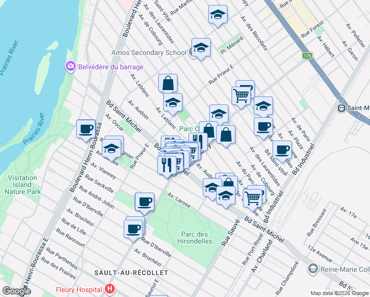 map of restaurants, bars, coffee shops, grocery stores, and more near 10361 Avenue Audoin in Montréal