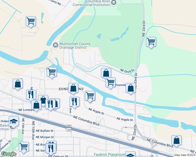 map of restaurants, bars, coffee shops, grocery stores, and more near 2524 NE Riverside Way in Portland