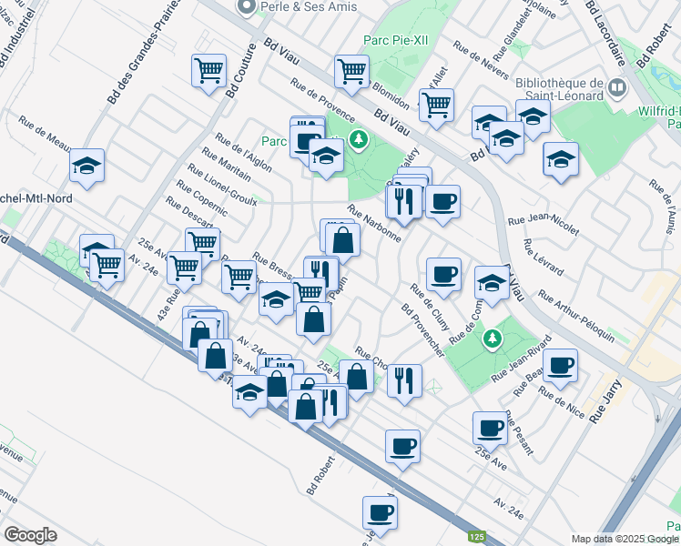 map of restaurants, bars, coffee shops, grocery stores, and more near in Montreal