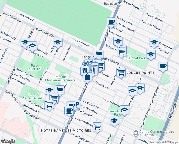 map of restaurants, bars, coffee shops, grocery stores, and more near 2411 Avenue de Repentigny in Montréal