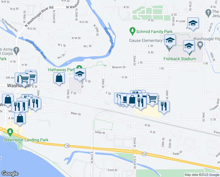 map of restaurants, bars, coffee shops, grocery stores, and more near 647 29th Street in Washougal
