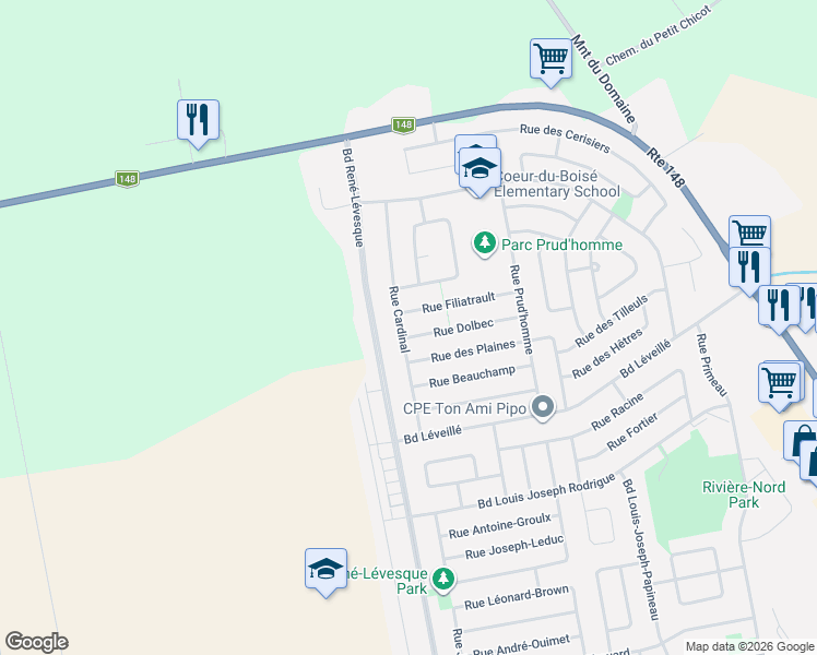 map of restaurants, bars, coffee shops, grocery stores, and more near 855 Rue Cardinal in Saint-Eustache