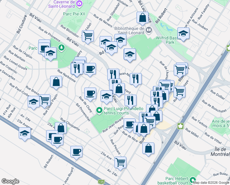 map of restaurants, bars, coffee shops, grocery stores, and more near 8415 Boulevard Viau in Montréal