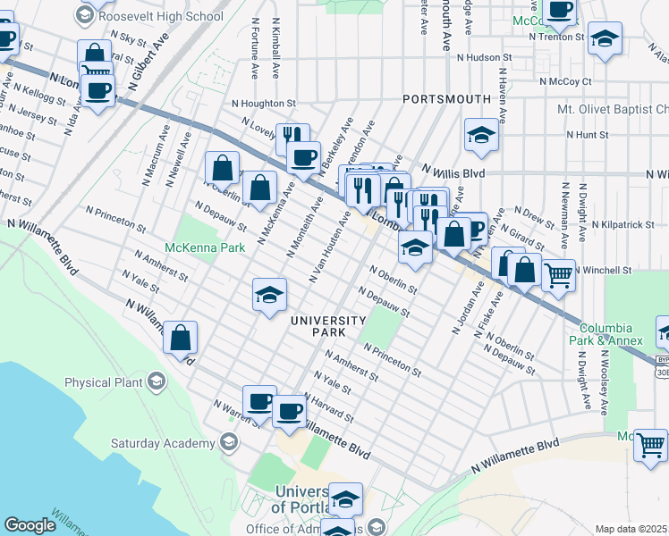 map of restaurants, bars, coffee shops, grocery stores, and more near 5409 North Depauw Street in Portland