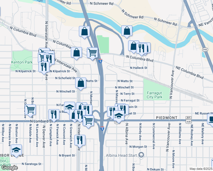 map of restaurants, bars, coffee shops, grocery stores, and more near 1020 North Winchell Street in Portland