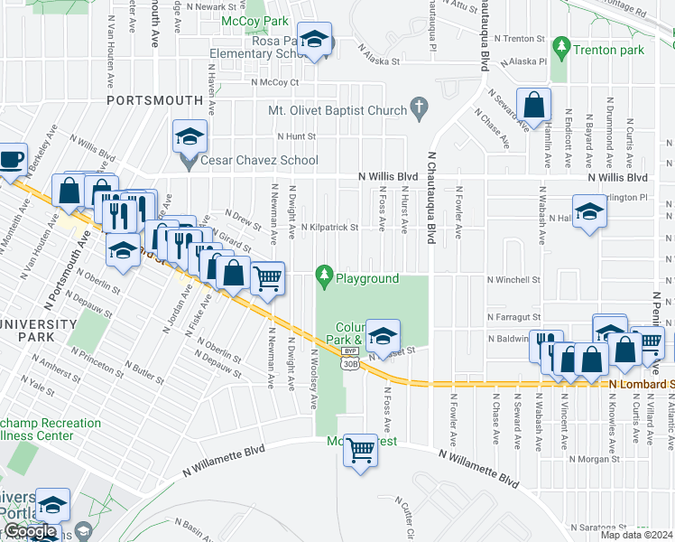 map of restaurants, bars, coffee shops, grocery stores, and more near 4329 North Winchell Street in Portland