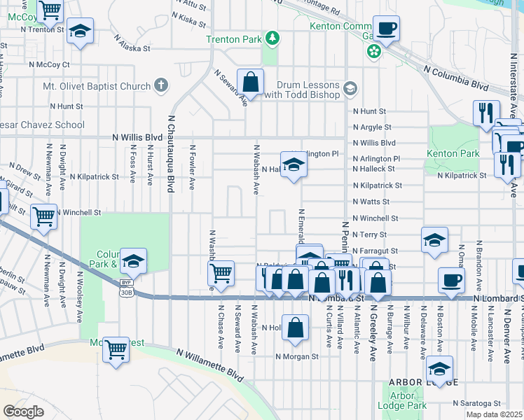 map of restaurants, bars, coffee shops, grocery stores, and more near 7920 North Wabash Avenue in Portland