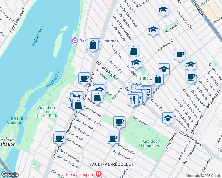 map of restaurants, bars, coffee shops, grocery stores, and more near 3130 Rue Bergerac in Montreal