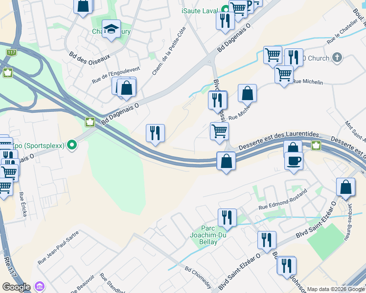 map of restaurants, bars, coffee shops, grocery stores, and more near 4305 Autoroute des Laurentides in Laval