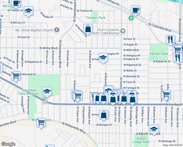 map of restaurants, bars, coffee shops, grocery stores, and more near 7920 North Wabash Avenue in Portland
