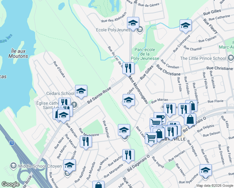 map of restaurants, bars, coffee shops, grocery stores, and more near 3692 Rue Lisette in Laval