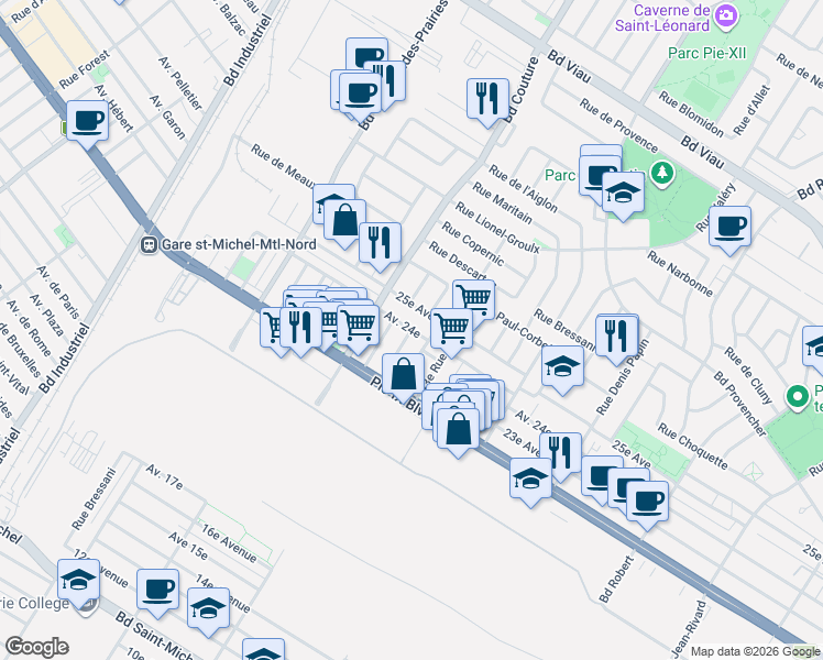 map of restaurants, bars, coffee shops, grocery stores, and more near 45e Rue in Montréal
