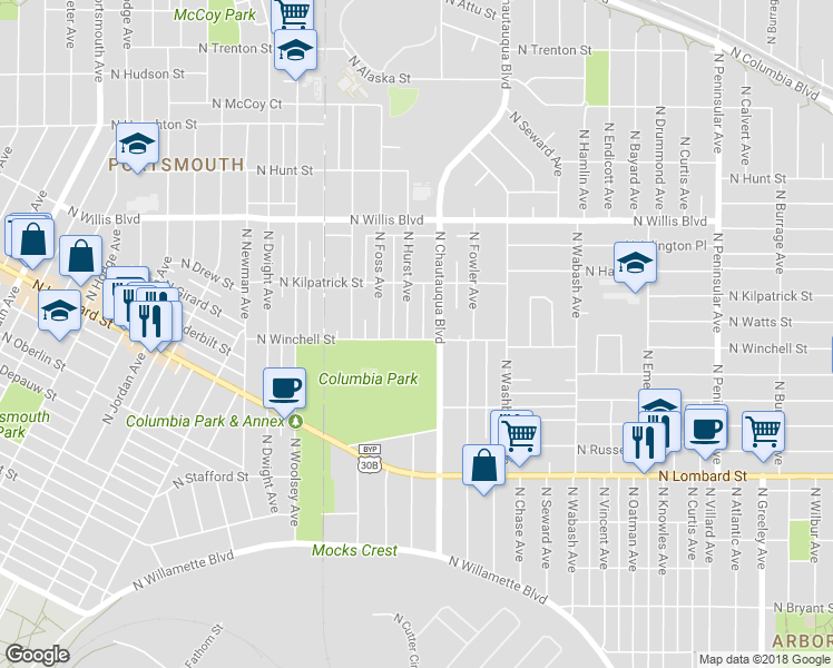 map of restaurants, bars, coffee shops, grocery stores, and more near 4035 North Winchell Street in Portland
