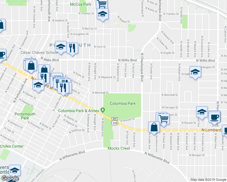 map of restaurants, bars, coffee shops, grocery stores, and more near 4329 North Winchell Street in Portland