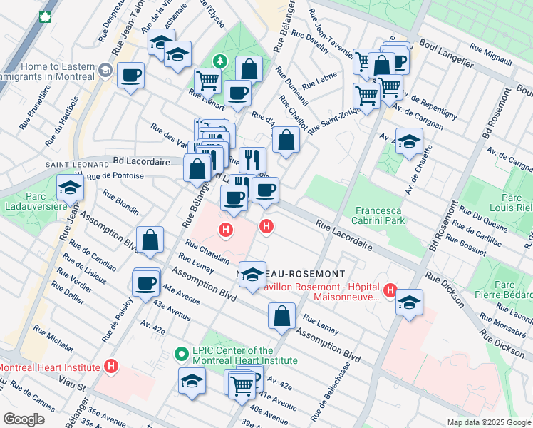 map of restaurants, bars, coffee shops, grocery stores, and more near 6555 Rue de Pontoise in Montreal