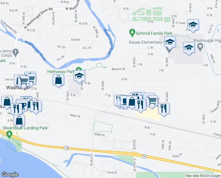 map of restaurants, bars, coffee shops, grocery stores, and more near 607 29th Street in Washougal