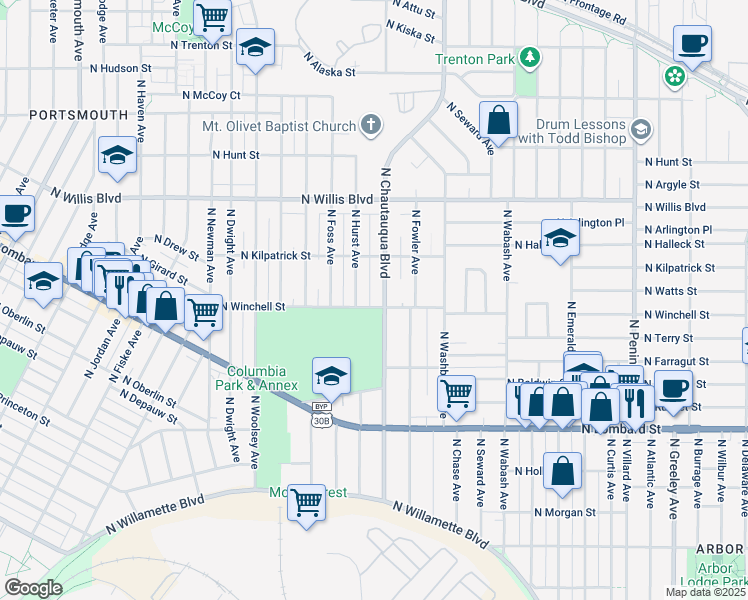 map of restaurants, bars, coffee shops, grocery stores, and more near 4035 North Winchell Street in Portland