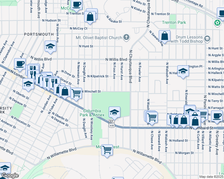 map of restaurants, bars, coffee shops, grocery stores, and more near 4215 North Winchell Street in Portland