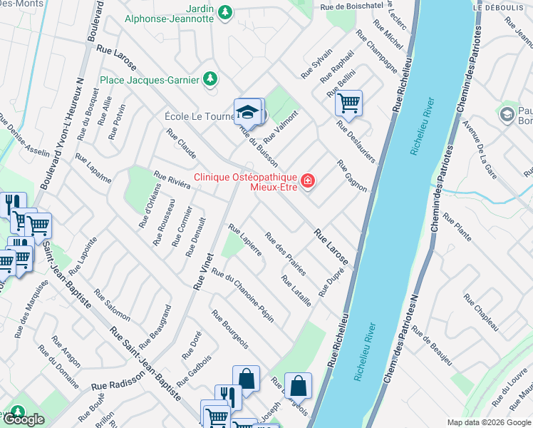 map of restaurants, bars, coffee shops, grocery stores, and more near 152 Rue Desjardins in Beloeil