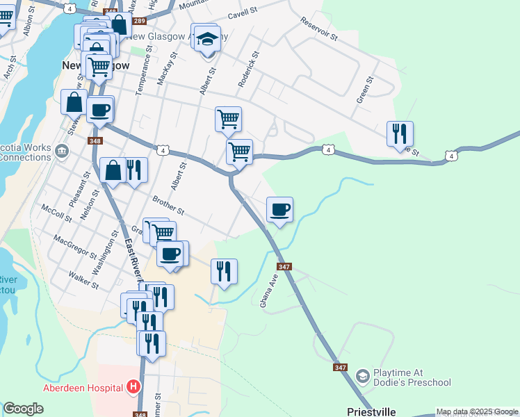 map of restaurants, bars, coffee shops, grocery stores, and more near 108 Morris Drive in New Glasgow