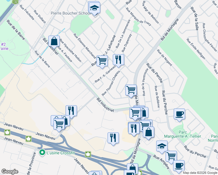 map of restaurants, bars, coffee shops, grocery stores, and more near 171 Rue Thomas-Chapais in Boucherville