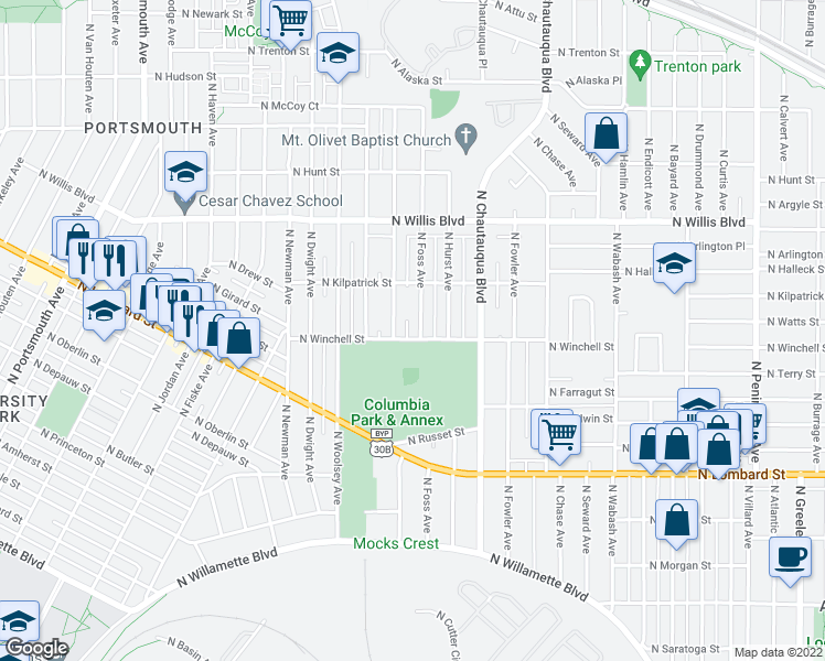 map of restaurants, bars, coffee shops, grocery stores, and more near 4215 North Winchell Street in Portland