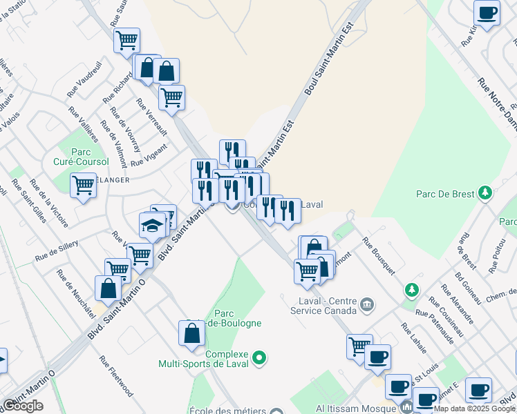 map of restaurants, bars, coffee shops, grocery stores, and more near 1585 Boulevard des Laurentides in Laval
