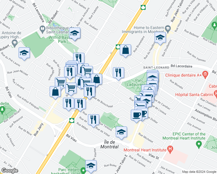 map of restaurants, bars, coffee shops, grocery stores, and more near 7682 Rue Verdier in Montréal
