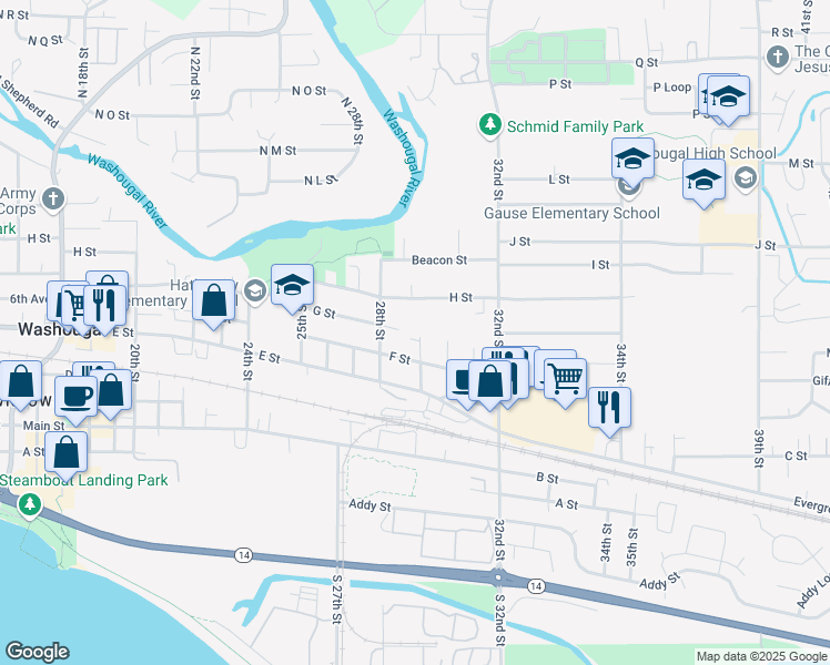 map of restaurants, bars, coffee shops, grocery stores, and more near 667 29th Street in Washougal