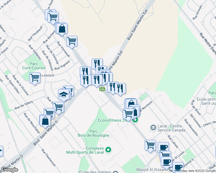 map of restaurants, bars, coffee shops, grocery stores, and more near 1585 Boulevard des Laurentides in Laval