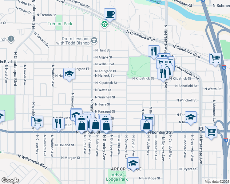 map of restaurants, bars, coffee shops, grocery stores, and more near 2622 North Watts Street in Portland