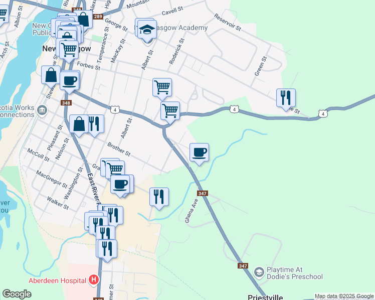 map of restaurants, bars, coffee shops, grocery stores, and more near 87 Old Marsh Road in New Glasgow