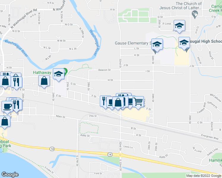 map of restaurants, bars, coffee shops, grocery stores, and more near 640 Laurel in Washougal