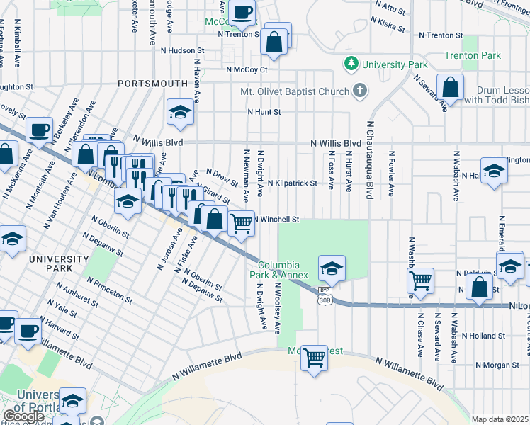 map of restaurants, bars, coffee shops, grocery stores, and more near 7806 North Newman Avenue in Portland