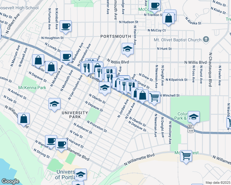 map of restaurants, bars, coffee shops, grocery stores, and more near 7459 North Haven Avenue in Portland