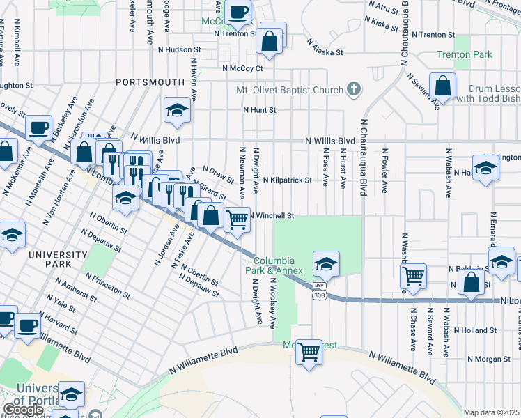 map of restaurants, bars, coffee shops, grocery stores, and more near 7806 North Newman Avenue in Portland