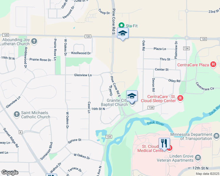map of restaurants, bars, coffee shops, grocery stores, and more near 1632 Quail Drive in Saint Cloud