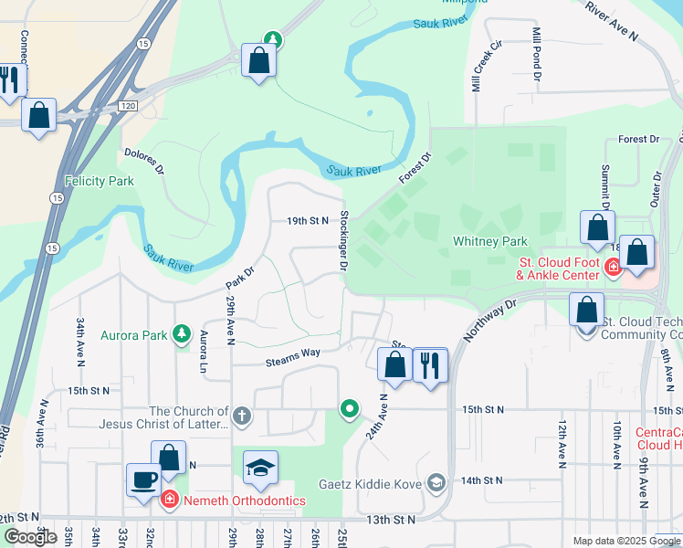 map of restaurants, bars, coffee shops, grocery stores, and more near 2512 Colony Dr in St Cloud