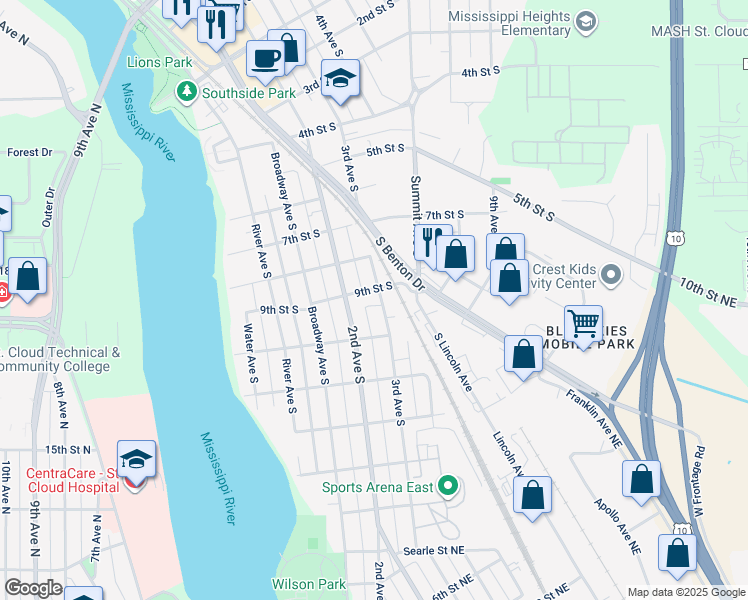 map of restaurants, bars, coffee shops, grocery stores, and more near 218 9th Street South in Sauk Rapids
