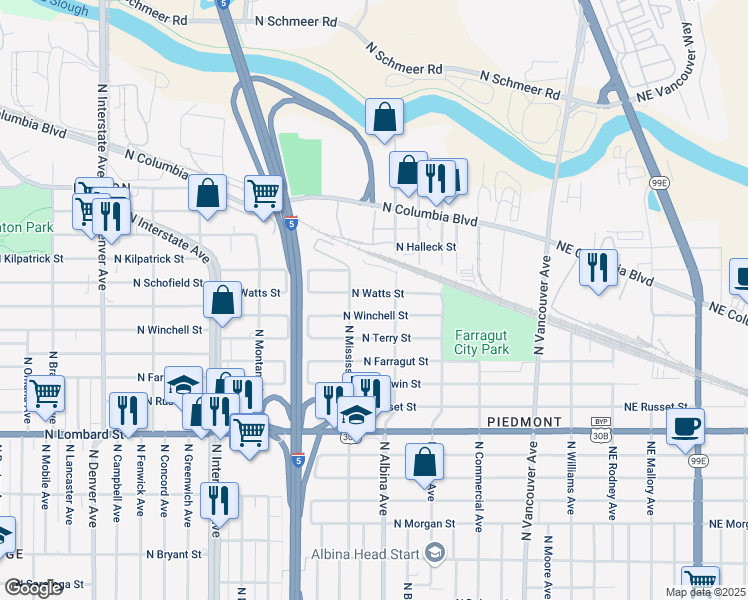map of restaurants, bars, coffee shops, grocery stores, and more near 874 North Winchell Street in Portland