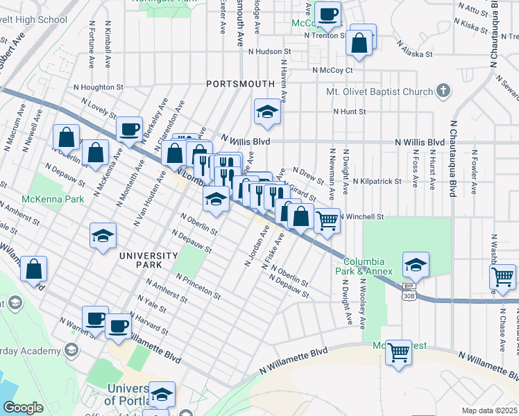 map of restaurants, bars, coffee shops, grocery stores, and more near 4904 North Lombard Street in Portland