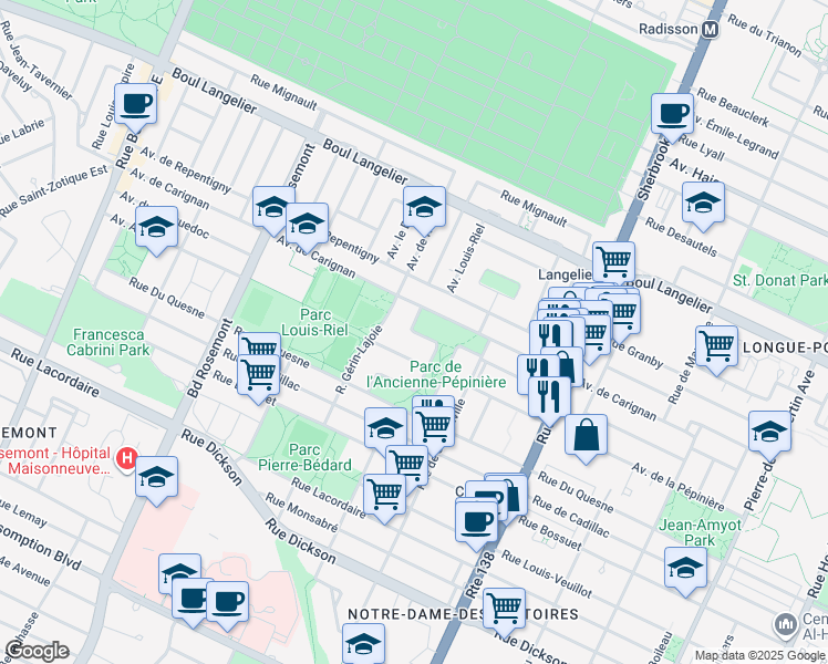 map of restaurants, bars, coffee shops, grocery stores, and more near Avenue Gérard Morisset in Montréal