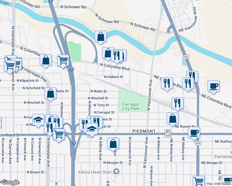 map of restaurants, bars, coffee shops, grocery stores, and more near 620 North Winchell Street in Portland